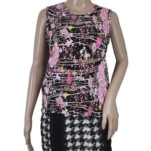 Vintage Plisse Pleated Floral Swirl Lines Pink Black Blouse